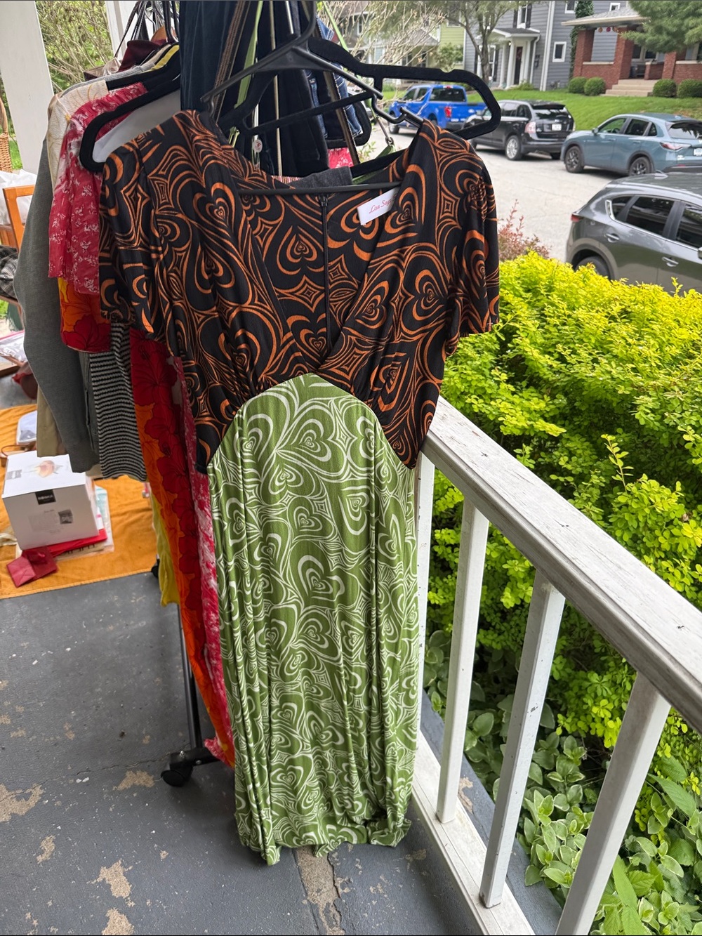 Lisa Says Gah Two-Tone Swirl Midi Dress in Black, Orange & Green
